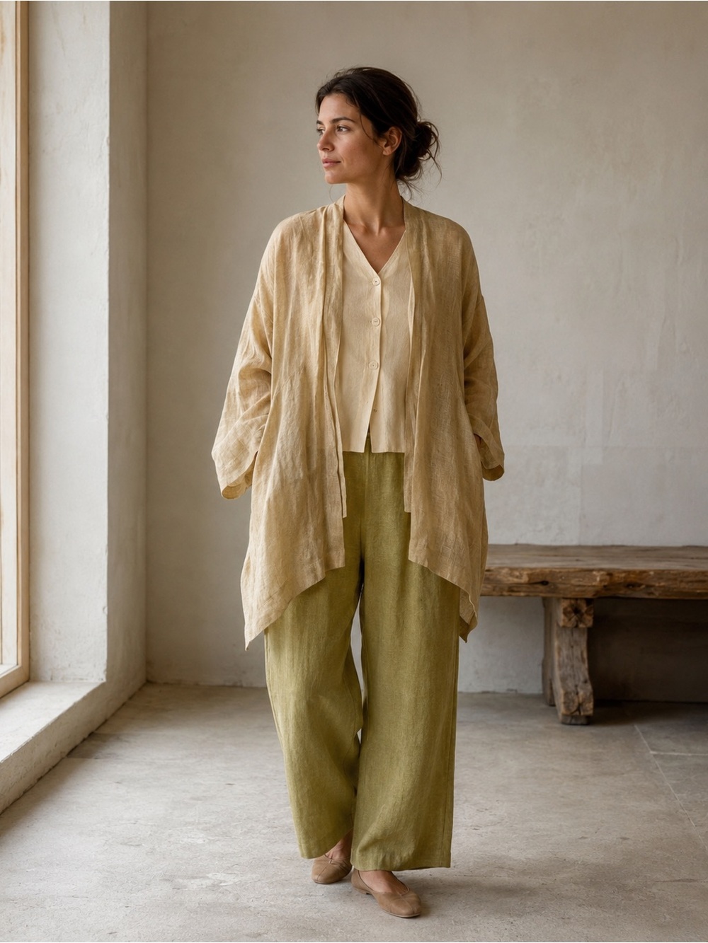 Eskandar 100% Linen Tan Open Front Kimono Jacket Shaw Baggy Oversized Lagenlook